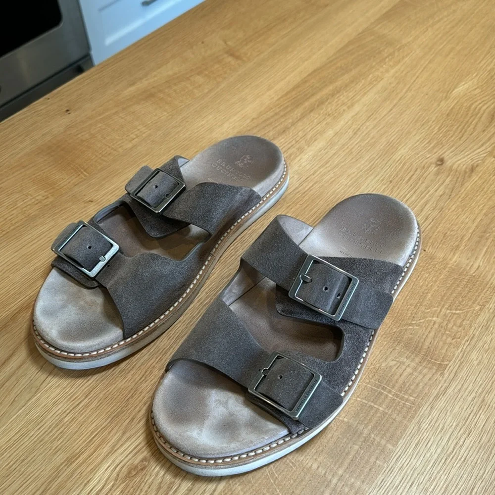 Brunello Cucinelli Men’s Brown Suede Double-Buckle Sandals